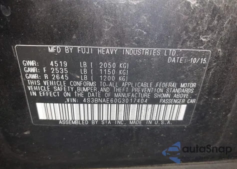 2016 Subaru Legacy 2.5I Premium из США, поврежденный, VIN 4S3BNAE60G3017404